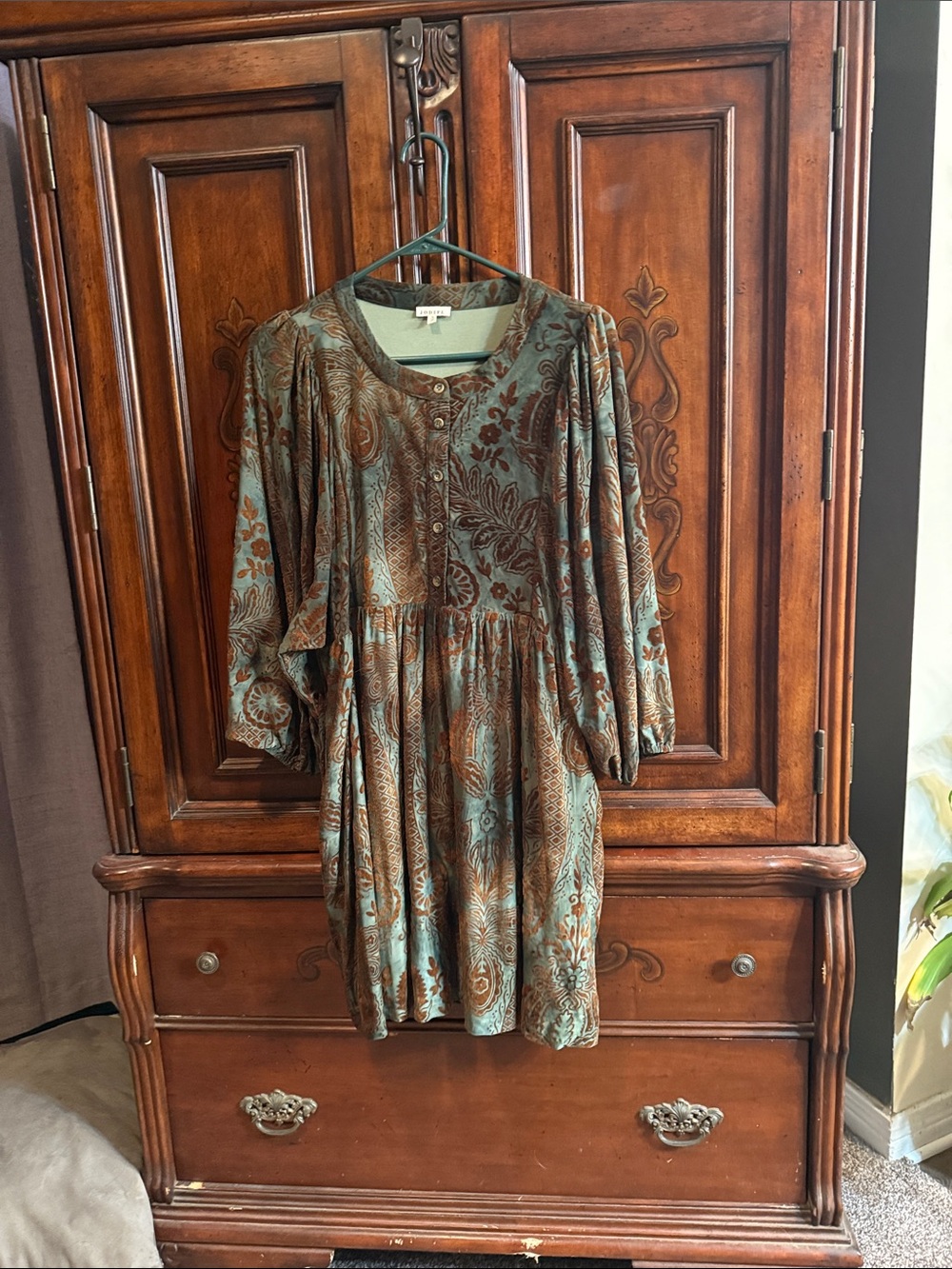 JODIFL Teal and Brown Floral Long Sleeve Tiered Dress